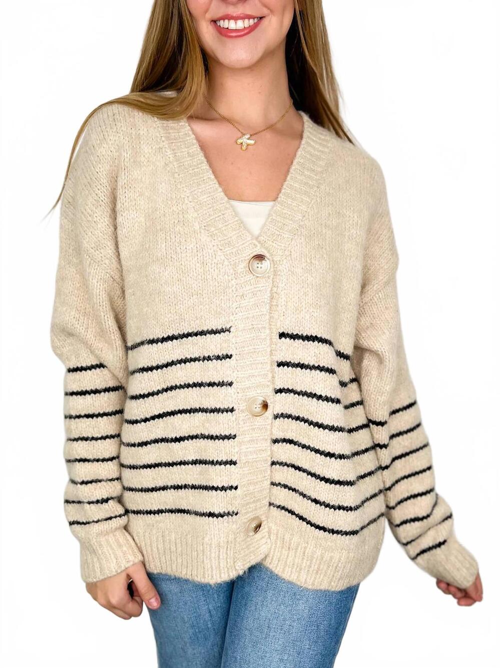 NEW SEW IN LOVE striped knit v-neck knit long sleeve button up cardigan in oat